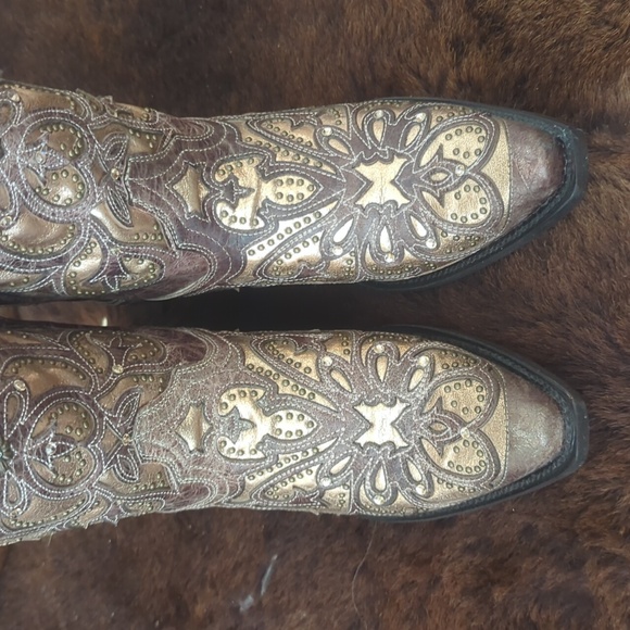 CORRAL E1594 distressed brown leather snip toe cowgirl boots metallic inlay sz 8 - Picture 12 of 16